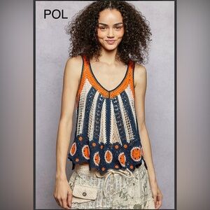 BP219-11💙🧡POL perfection in navy+ tangerine Crochet a-line Tank Top Gorgeous!